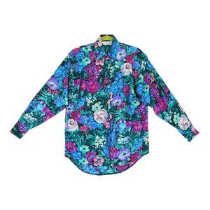 Vintage 80's La Chemise Shirt Button Woman Floral Print Metallic Button‎ Down XS